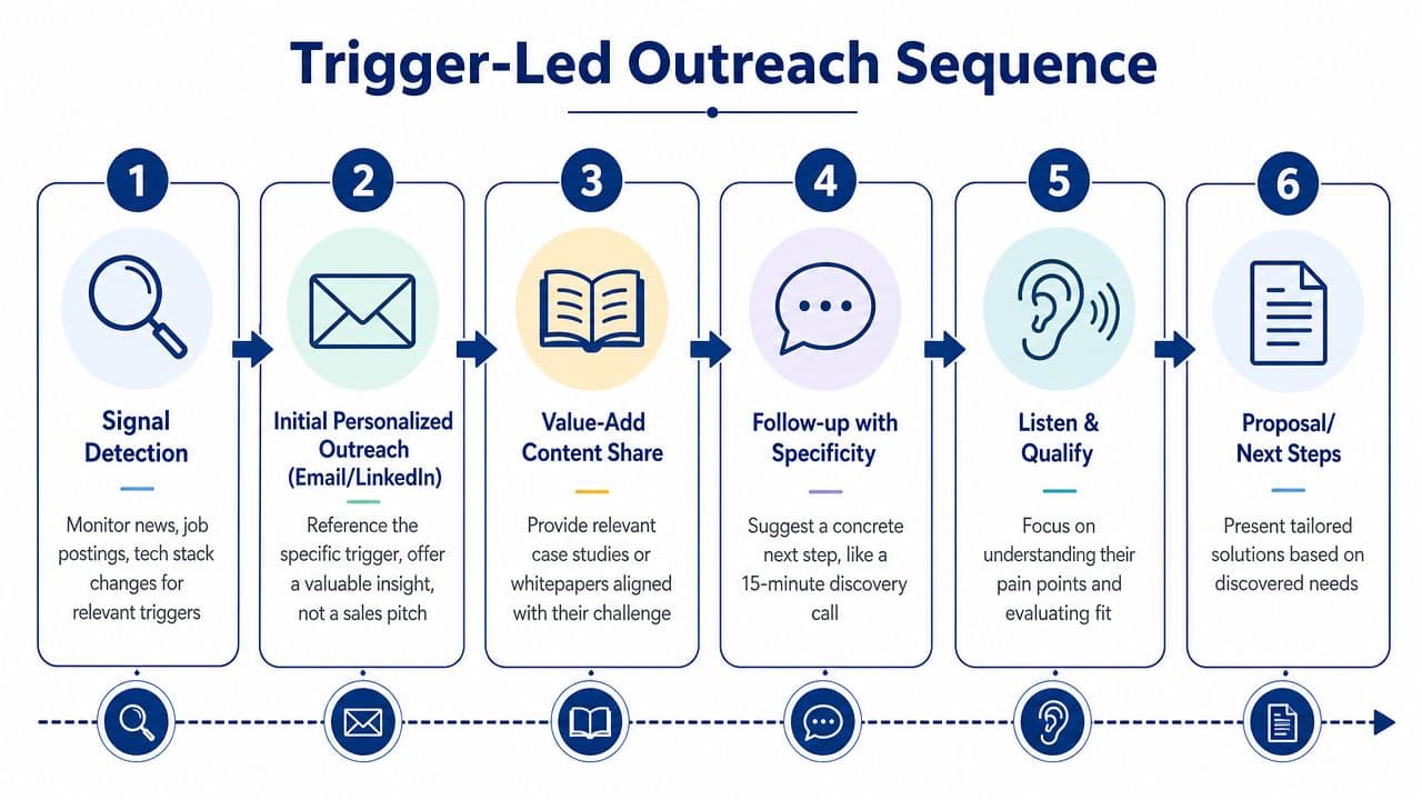 A six-step infographic detailing the trigger-led outreach sequence for sales and business development professionals.