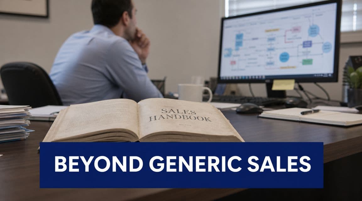 A professional man works at a desk with an open sales handbook and a business process chart.