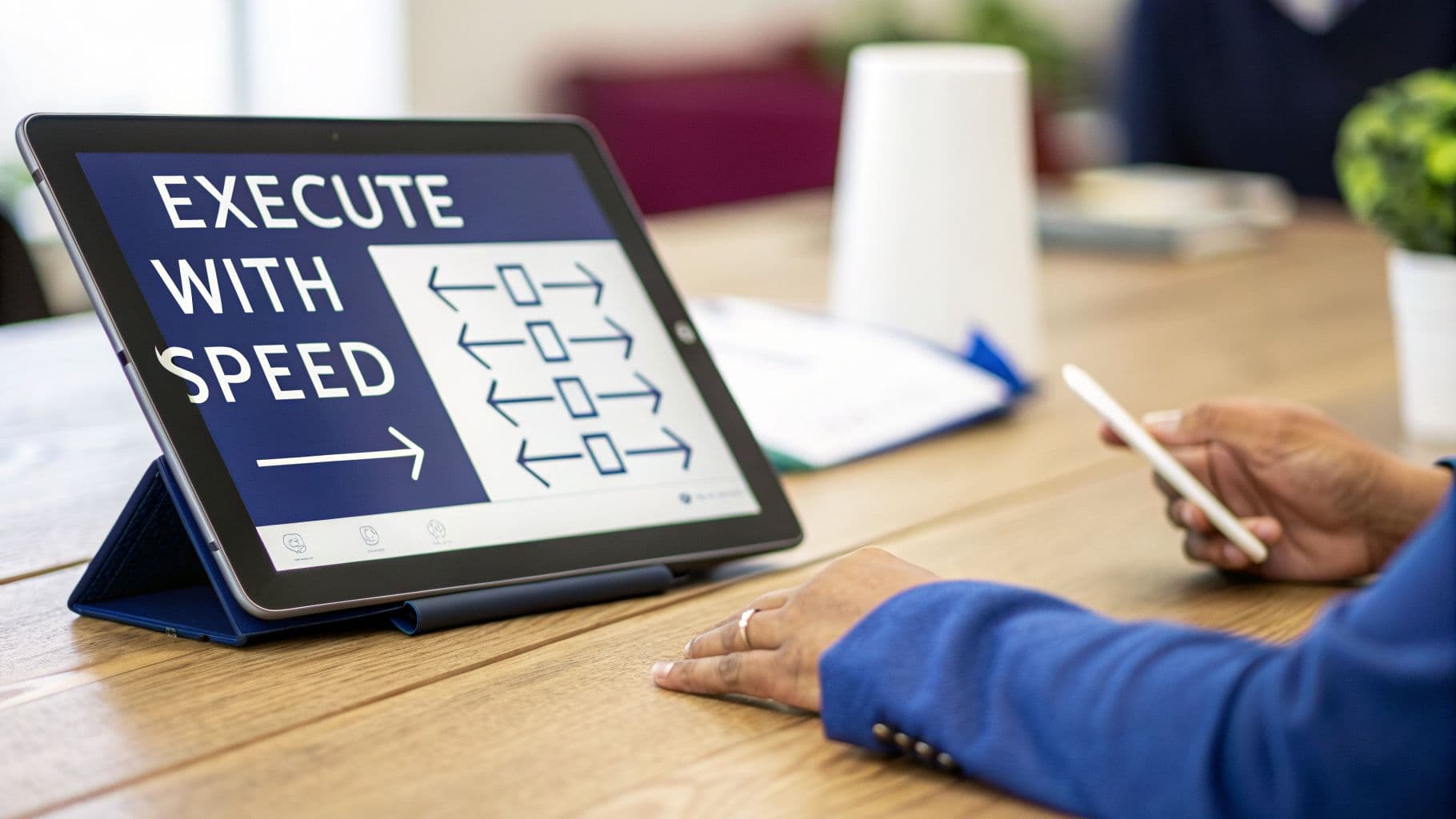 A person holds a stylus, looking at a tablet displaying 'EXECUTE WITH SPEED' and a flowchart.