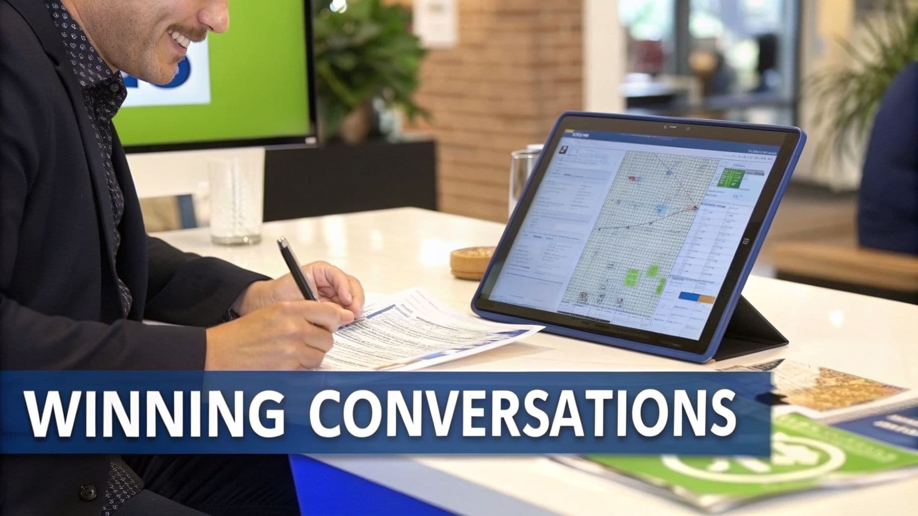 A man smiles while writing on paper, with a tablet displaying data and a monitor in a modern office.