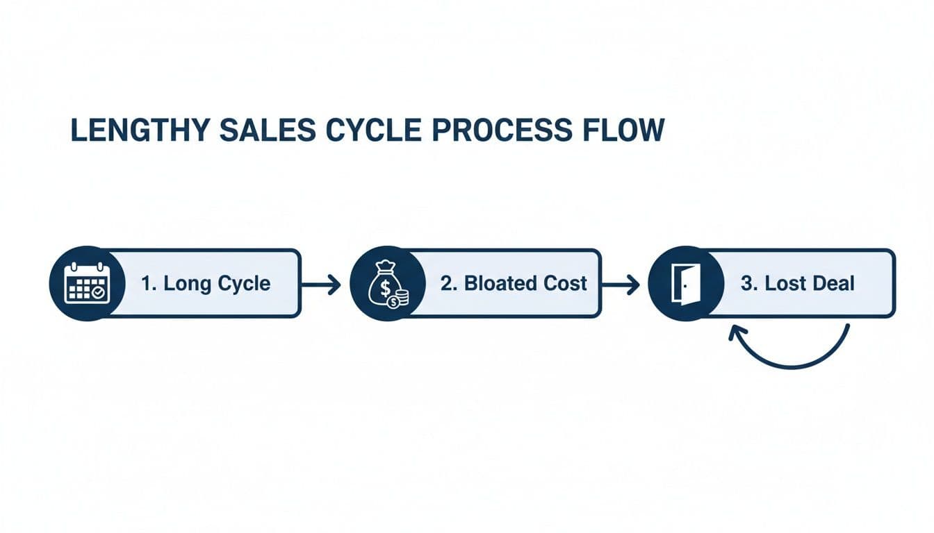 A process flow diagram illustrates a lengthy sales cycle leading to bloated costs and lost deals.