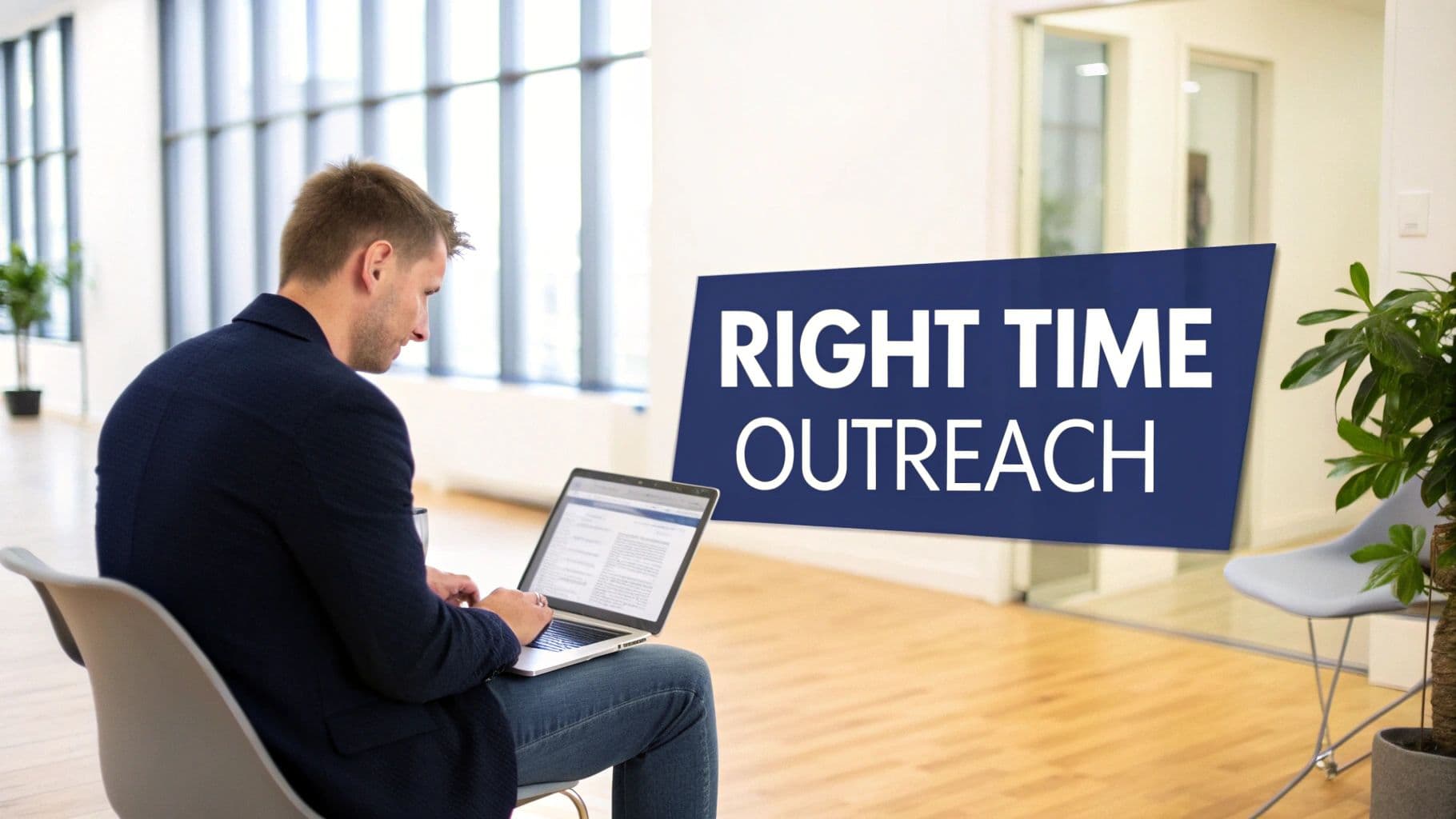 A man in a dark jacket sits on a modern chair, typing on a laptop in a bright office, with a "RIGHT TIME OUTREACH" sign floating nearby.
