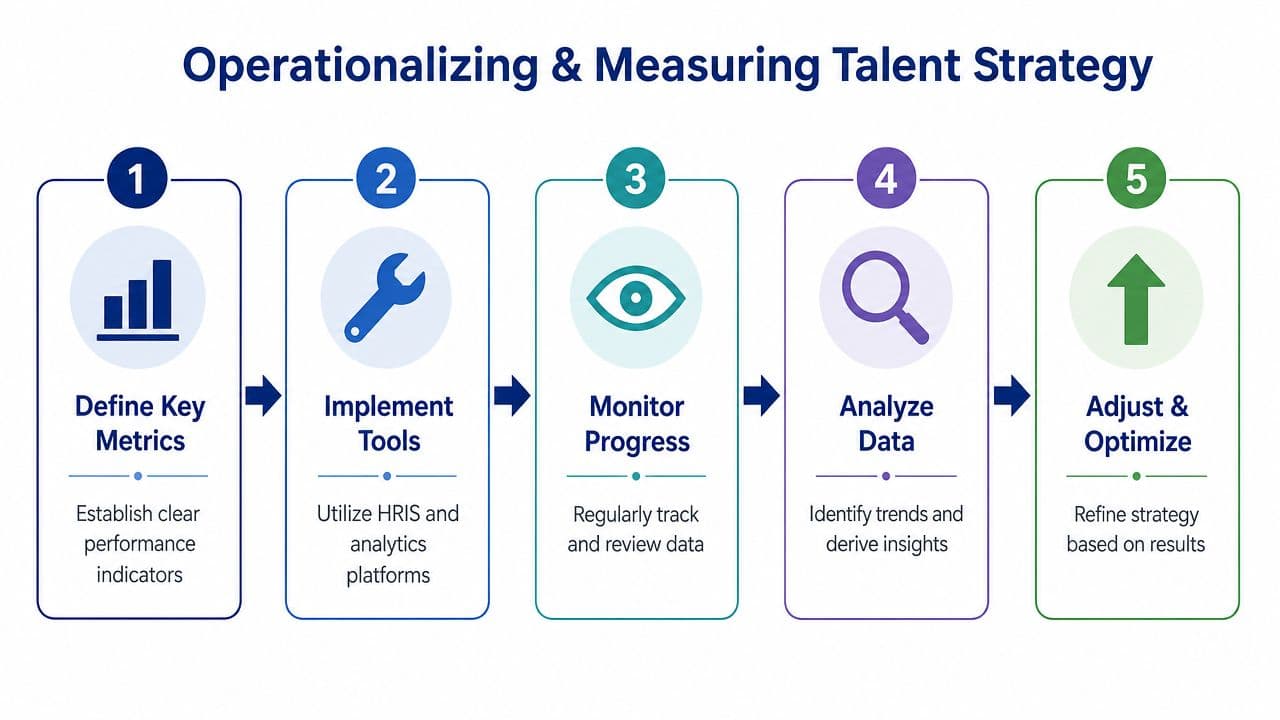 A five-step flowchart illustrating the process of operationalizing and measuring an organizational talent strategy.