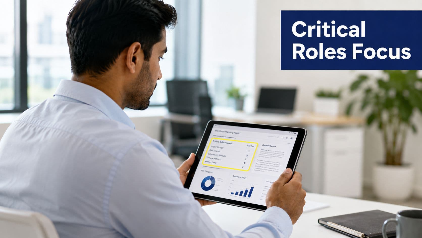 A professional man holding a tablet displaying a workforce planning report on critical roles analysis.