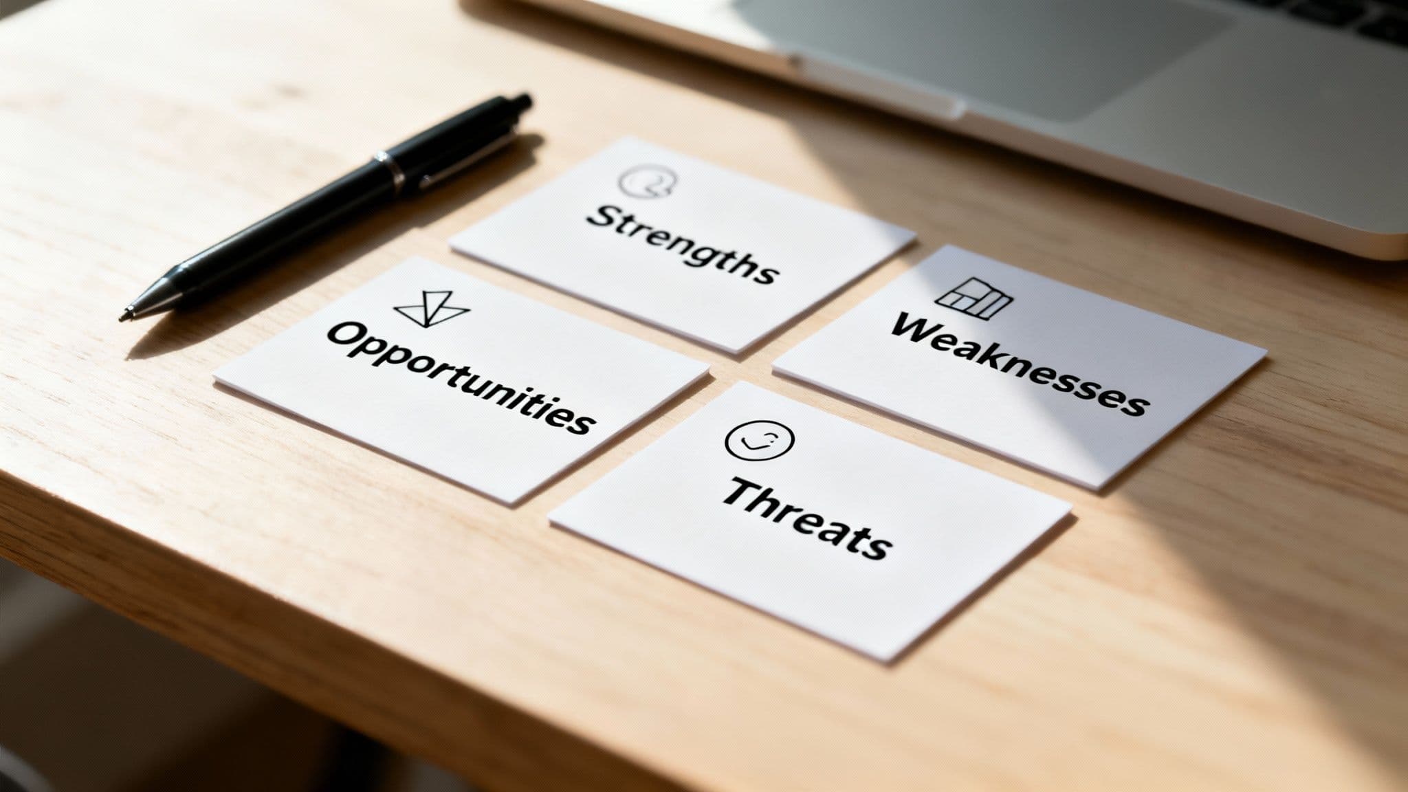 SWOT analysis cards (Strengths, Weaknesses, Opportunities, Threats) on a wooden desk with a pen and laptop.
