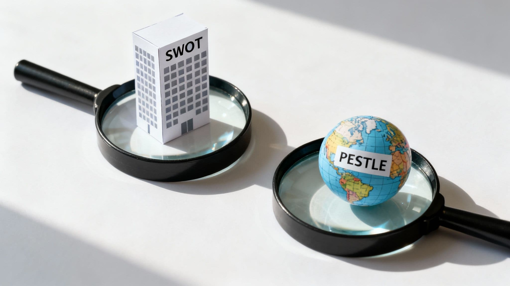 Two magnifying glasses highlighting a SWOT analysis building and a PESTLE analysis globe on a white surface.