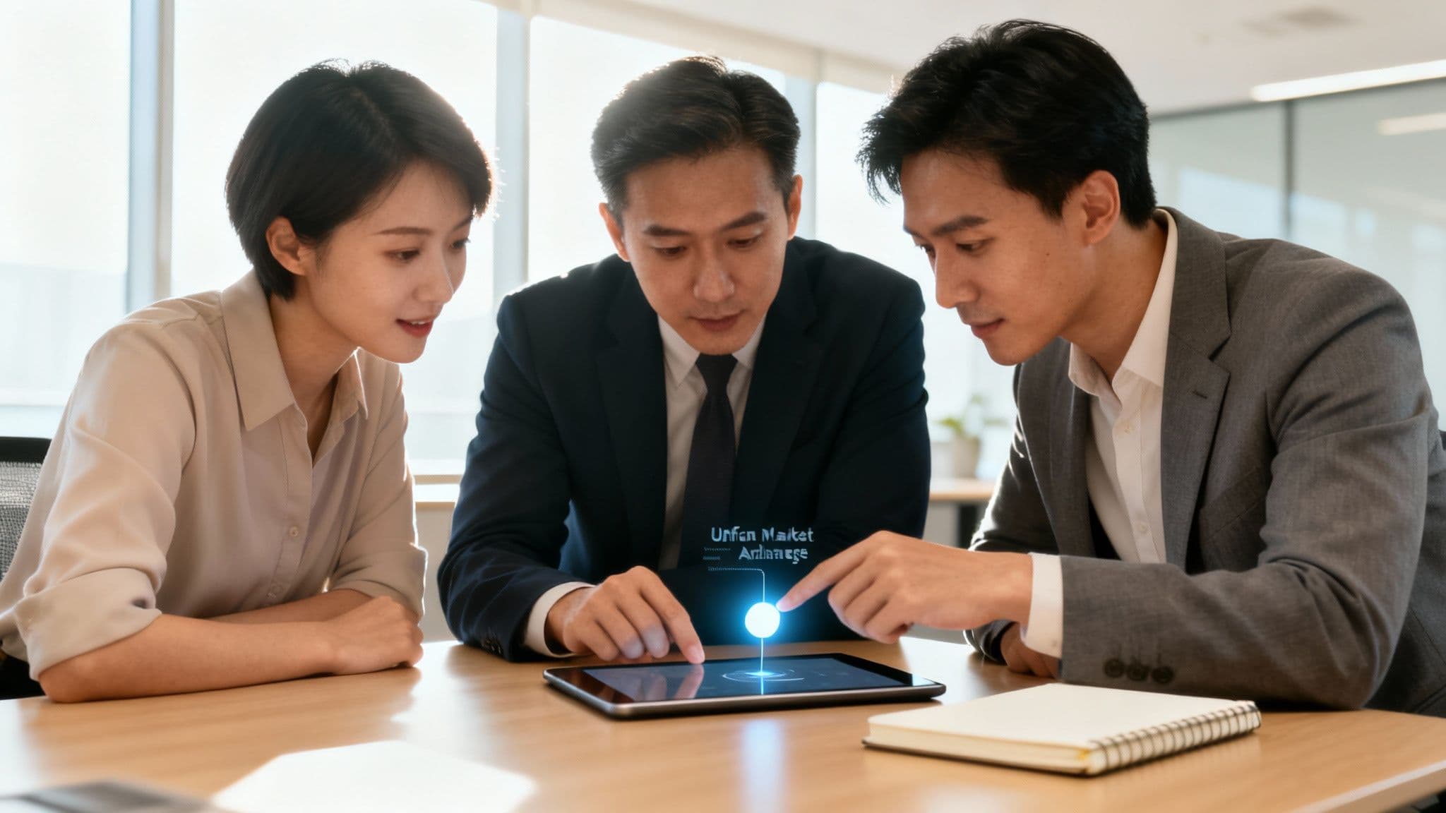 Three business professionals, two men and one woman, collaborate on a tablet with a glowing interactive display in an office.