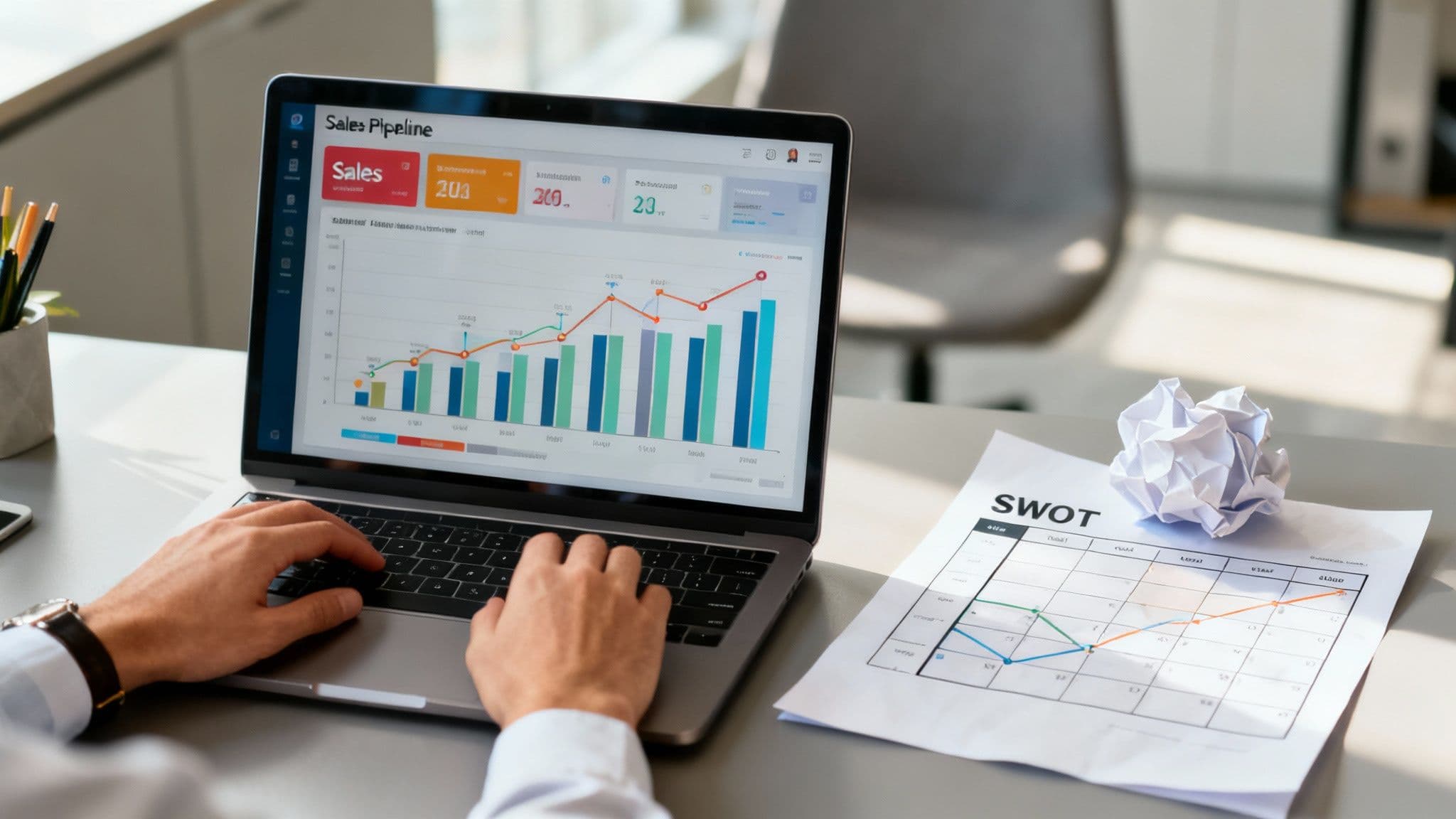 Hands typing on a laptop displaying sales pipeline data next to a SWOT analysis document.