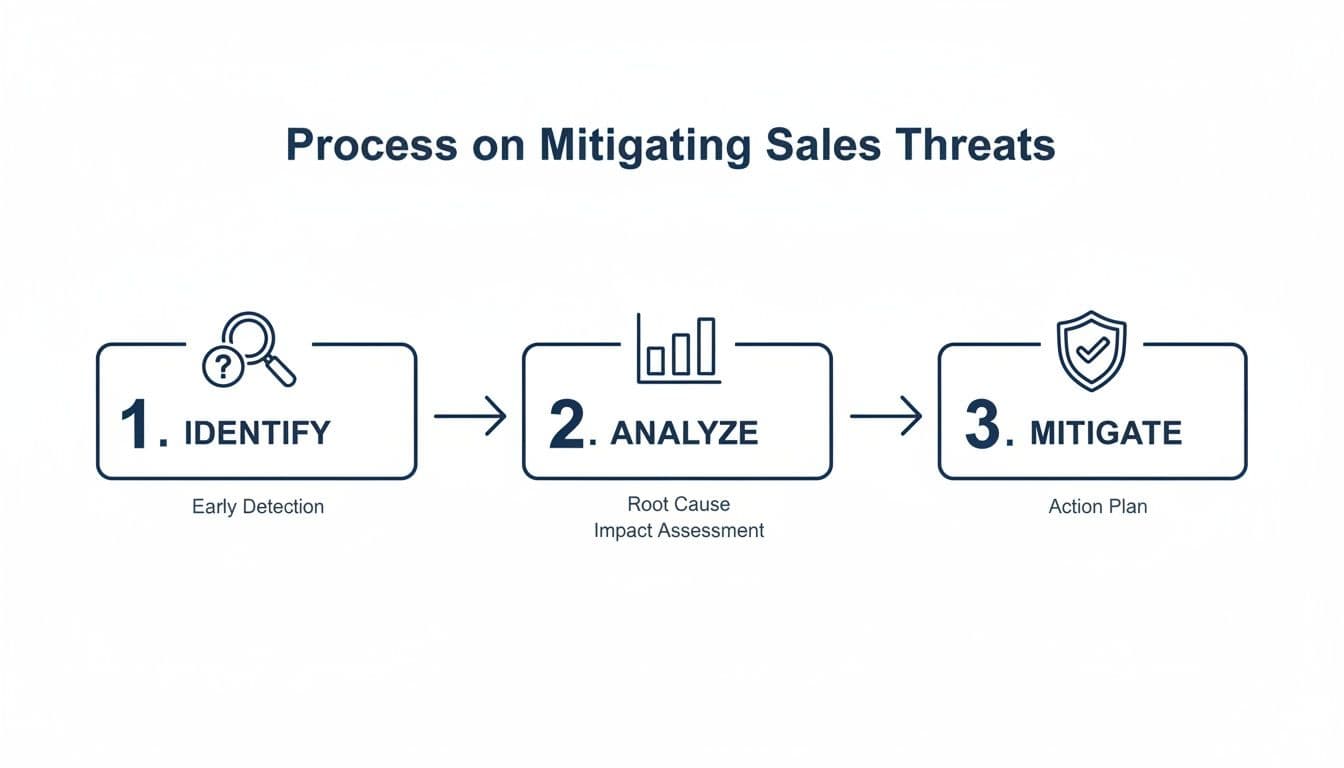 A three-step process flowchart for mitigating sales threats: identify, analyze, and mitigate.