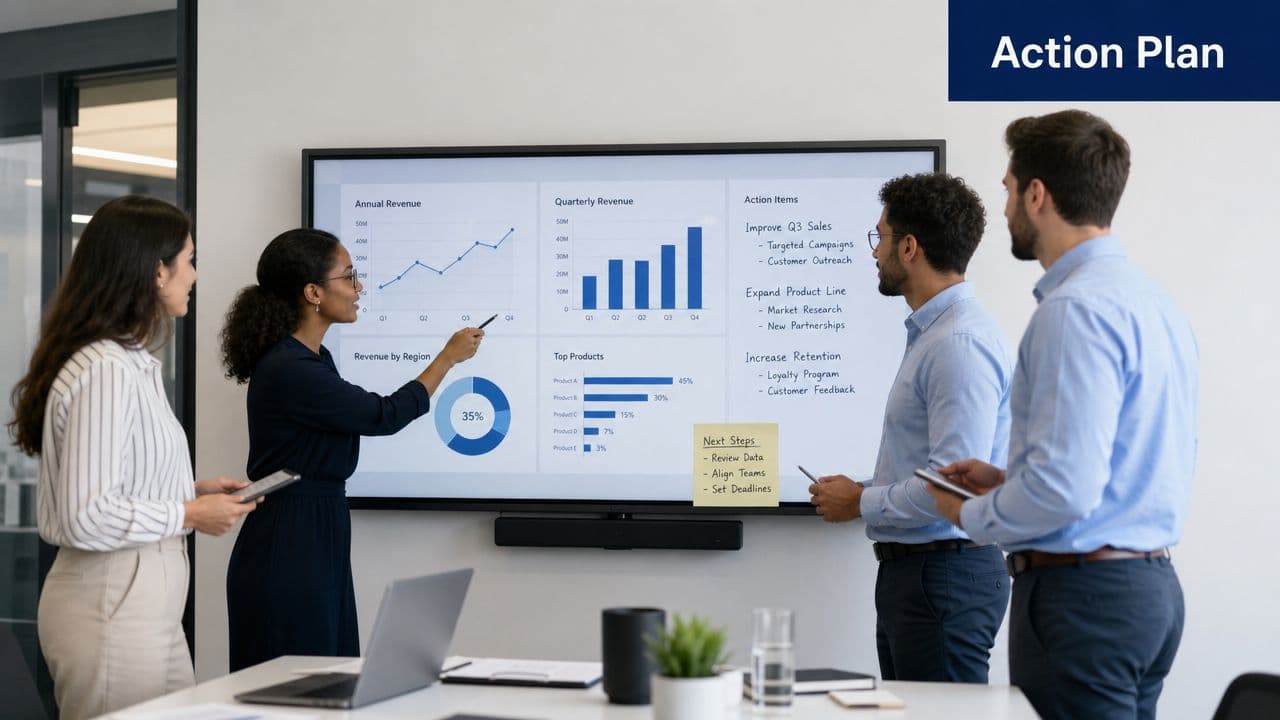 A professional team discussing business data and action plans during a collaborative strategy meeting in an office.