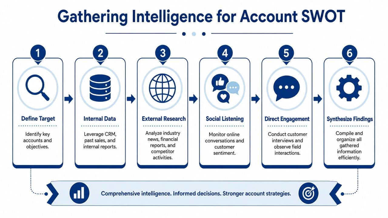 A six-step infographic illustrating the process of gathering business intelligence to create an account SWOT analysis.