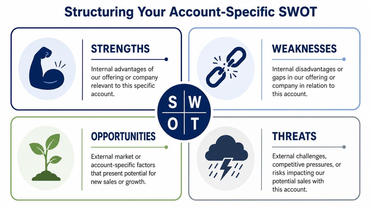 A diagram illustrating a SWOT analysis framework tailored for sales accounts with strengths, weaknesses, opportunities, and threats.