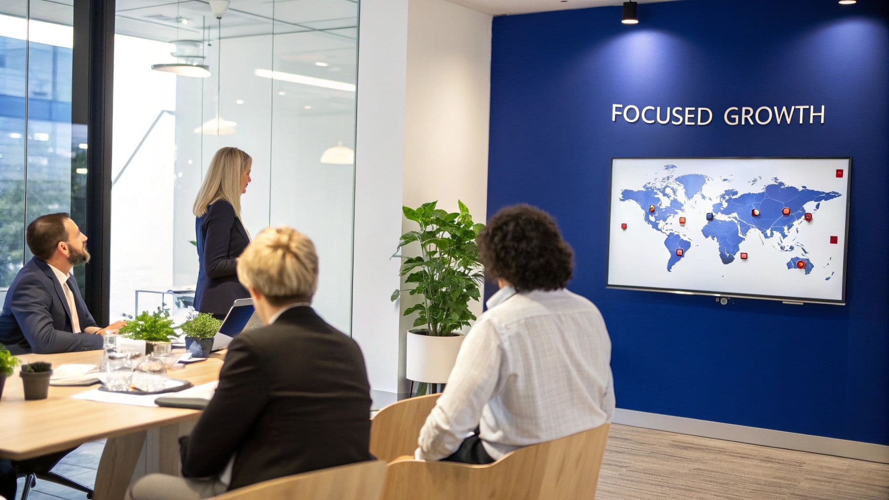 Business professionals in a modern office having a meeting, with a global map display on a blue wall.