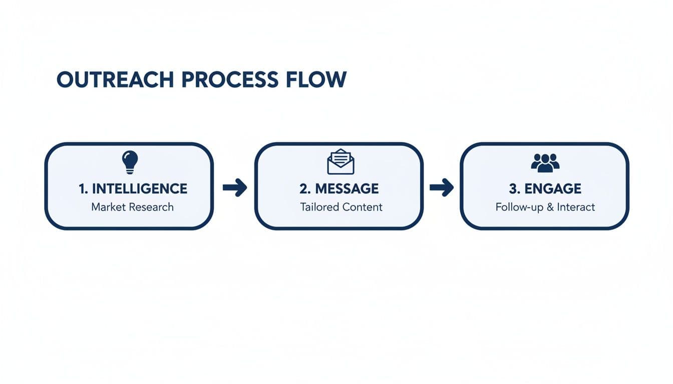 A flowchart outlining the outreach process: Intelligence, Message, and Engage, with icons and descriptions.