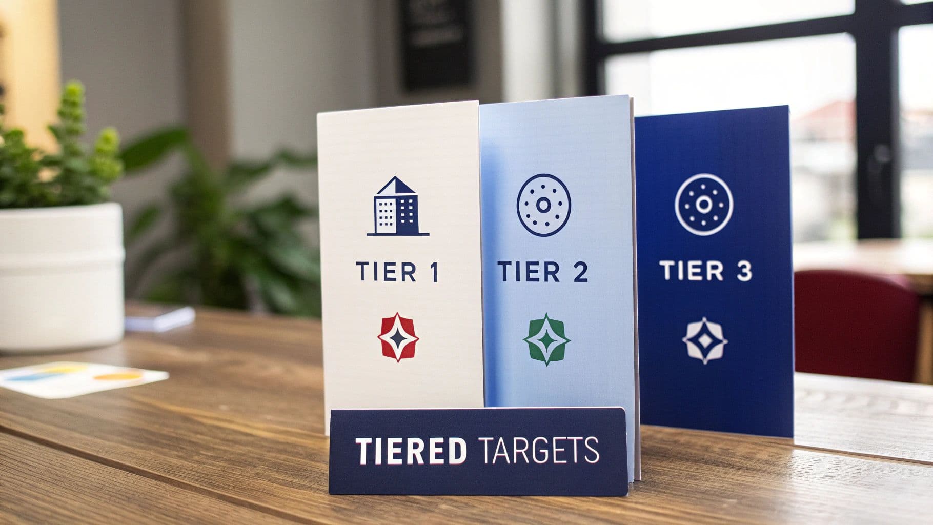 Three display cards showing Tier 1, Tier 2, and Tier 3 targets with icons and a 'TIERED TARGETS' sign.
