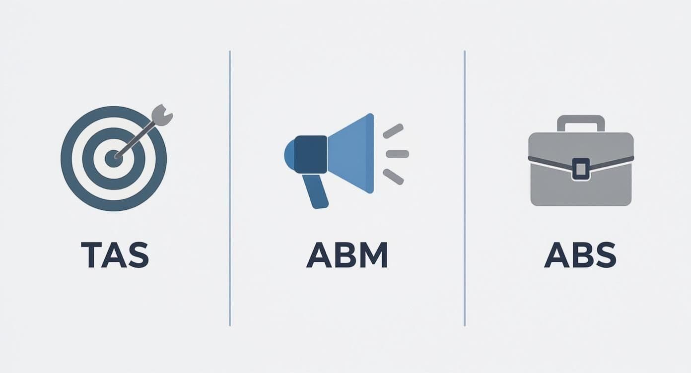 Visualizing sales strategies: target for TAS, megaphone for ABM, and briefcase for ABS on a white background.