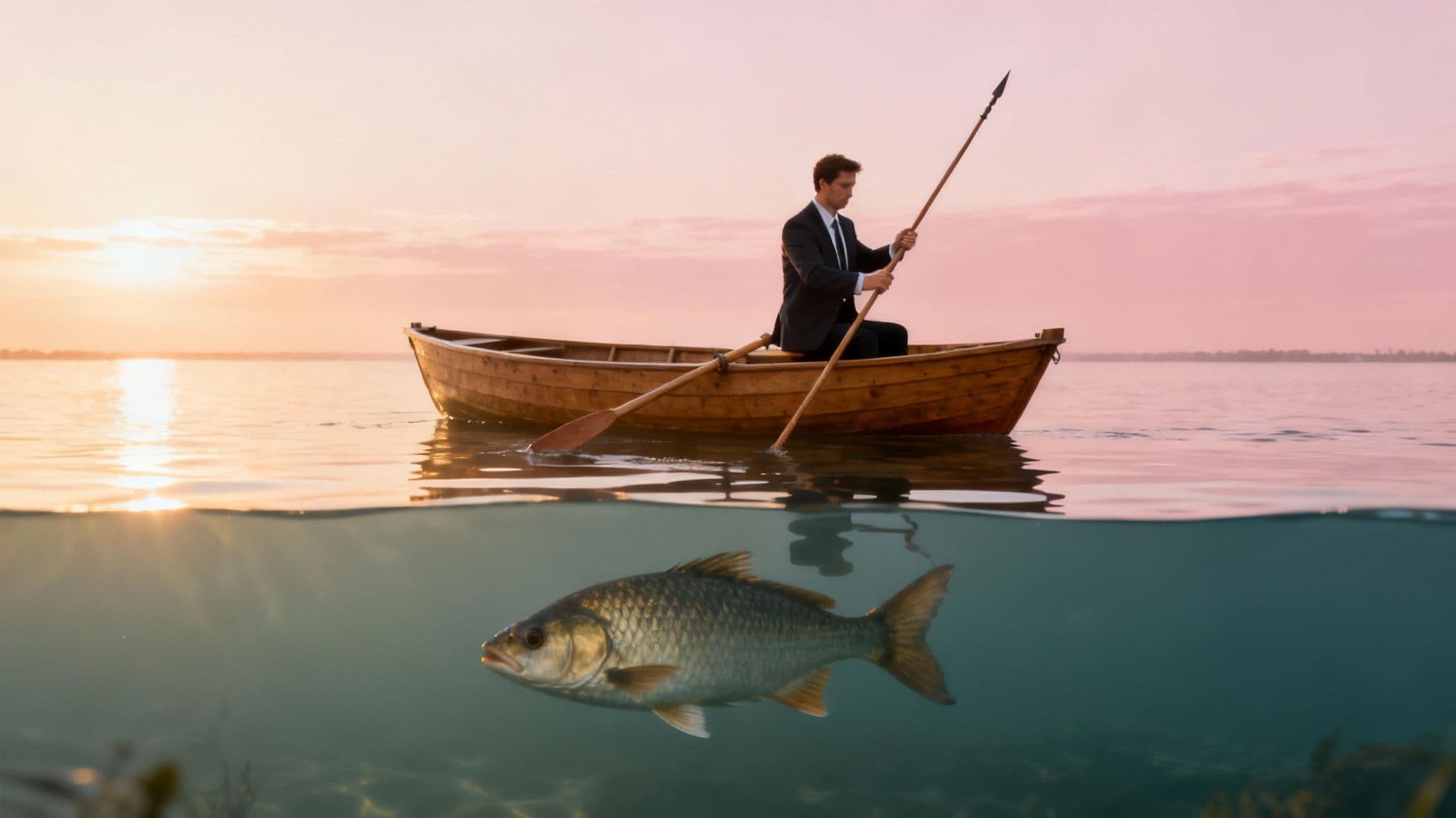 A man in a suit in a wooden rowboat holding a spear above water, with a fish swimming below.