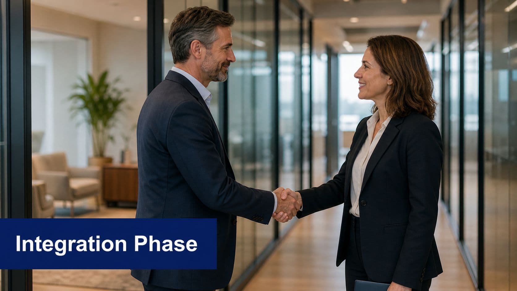 A professional man and woman in business attire shaking hands in a modern office hallway.
