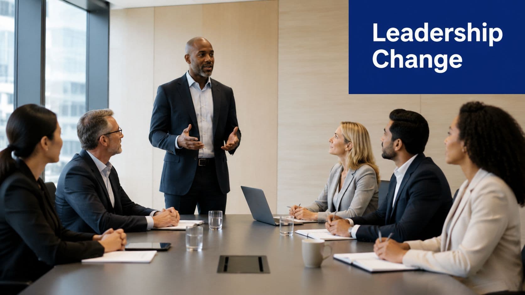 A professional man leads a boardroom meeting with diverse colleagues in a bright modern office setting.