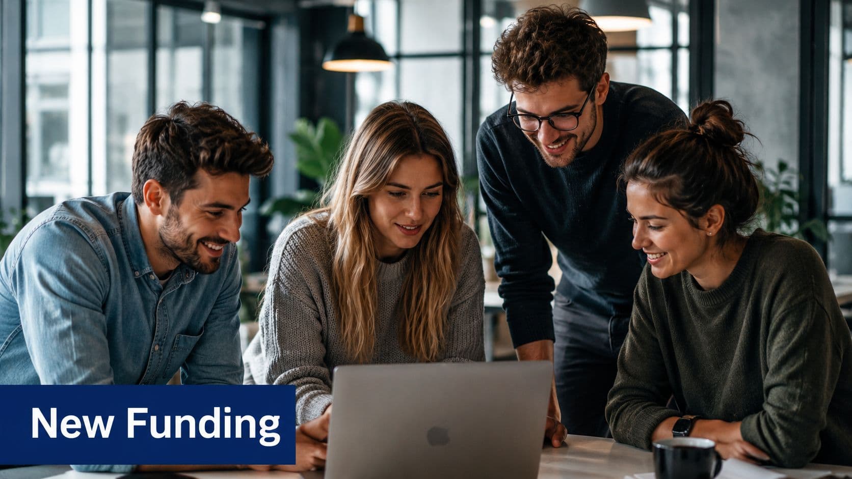 A diverse team of professionals collaborating and smiling while looking at a laptop screen during a meeting.