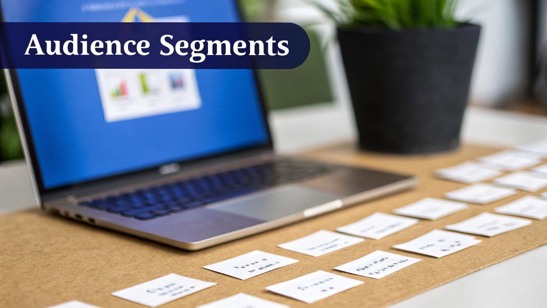 A laptop displays 'Audience Segments' text, surrounded by small white cards on a desk.