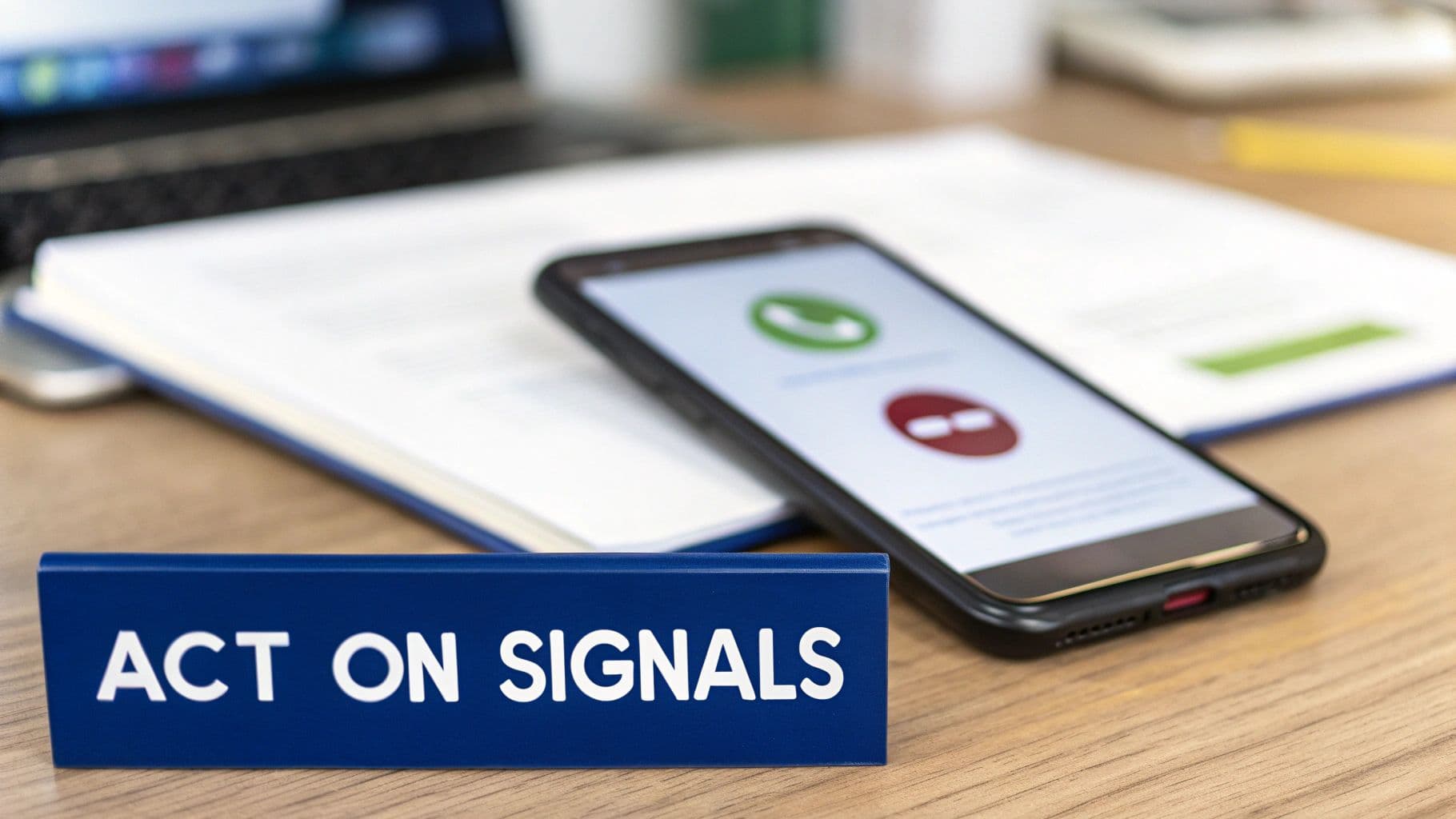 A busy desk featuring a laptop, notebook, a smartphone showing an incoming call, and a sign 'ACT ON SIGNALS'.