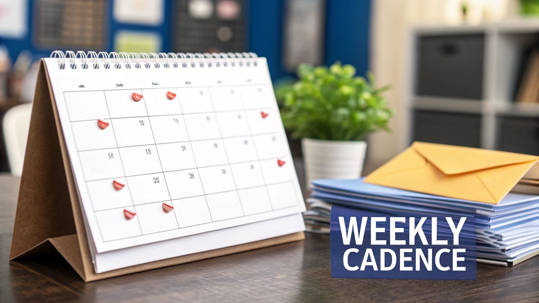 A white desk calendar with red pins next to a stack of folders and a "Weekly Cadence" sign.
