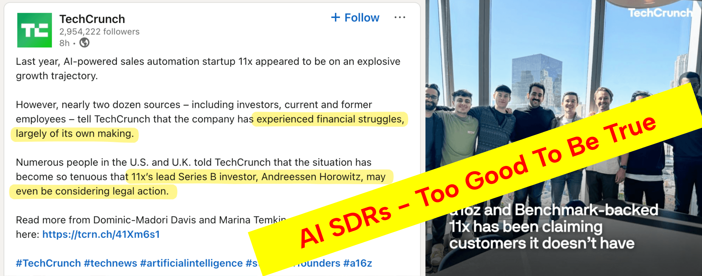 Turns out AI SDRs might be too good to be true - 11x in trouble according to TechCrunch