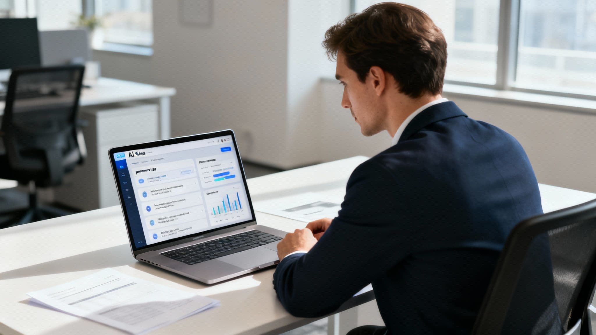 A sales professional analyzing data on a futuristic interface, symbolizing the use of an AI copilot in sales.