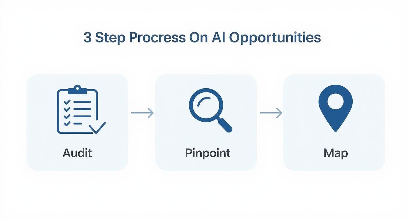 An infographic showing a three-step process for identifying AI opportunities, with icons for auditing, pinpointing, and mapping.