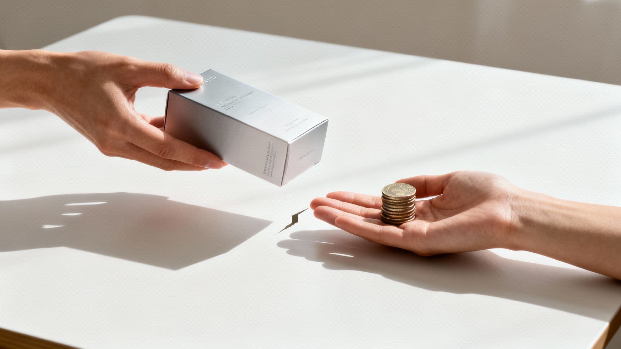 A salesperson and a customer looking at a chart with a gap between perceived value and actual solution.