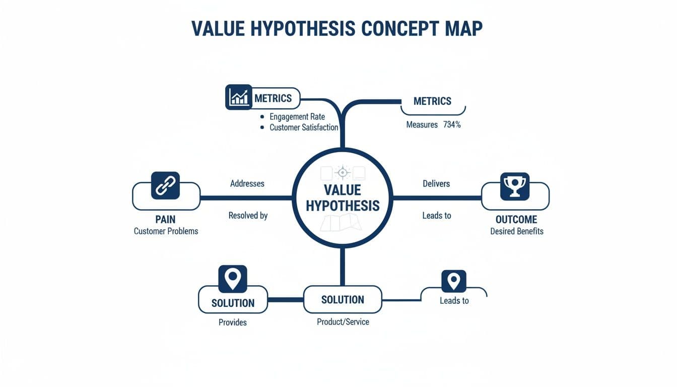 Value hypothesis concept map illustrating connections between pain, solution, outcome, and metrics.