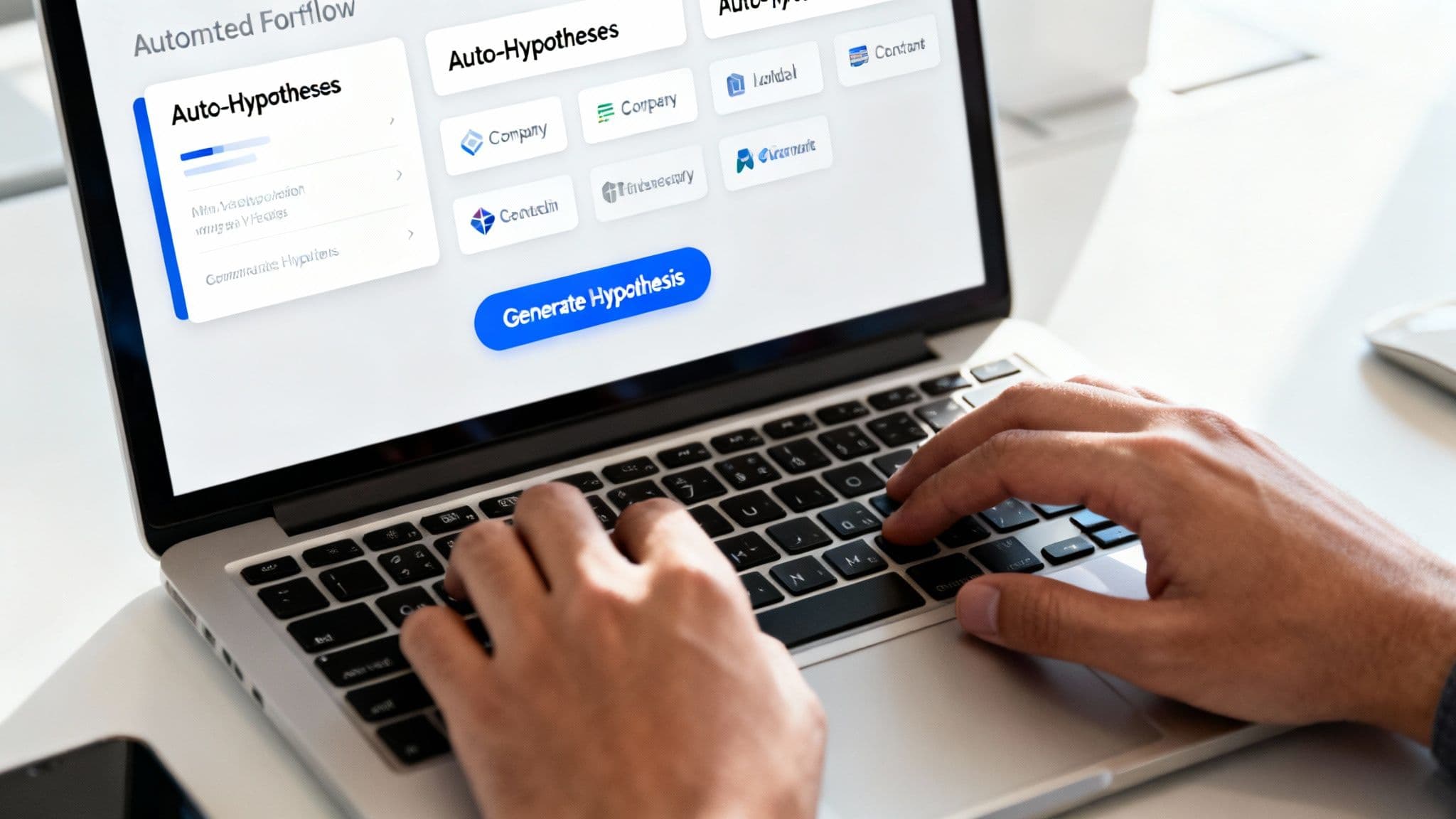A person typing on a laptop displaying a software interface for automated workflow and hypothesis generation.
