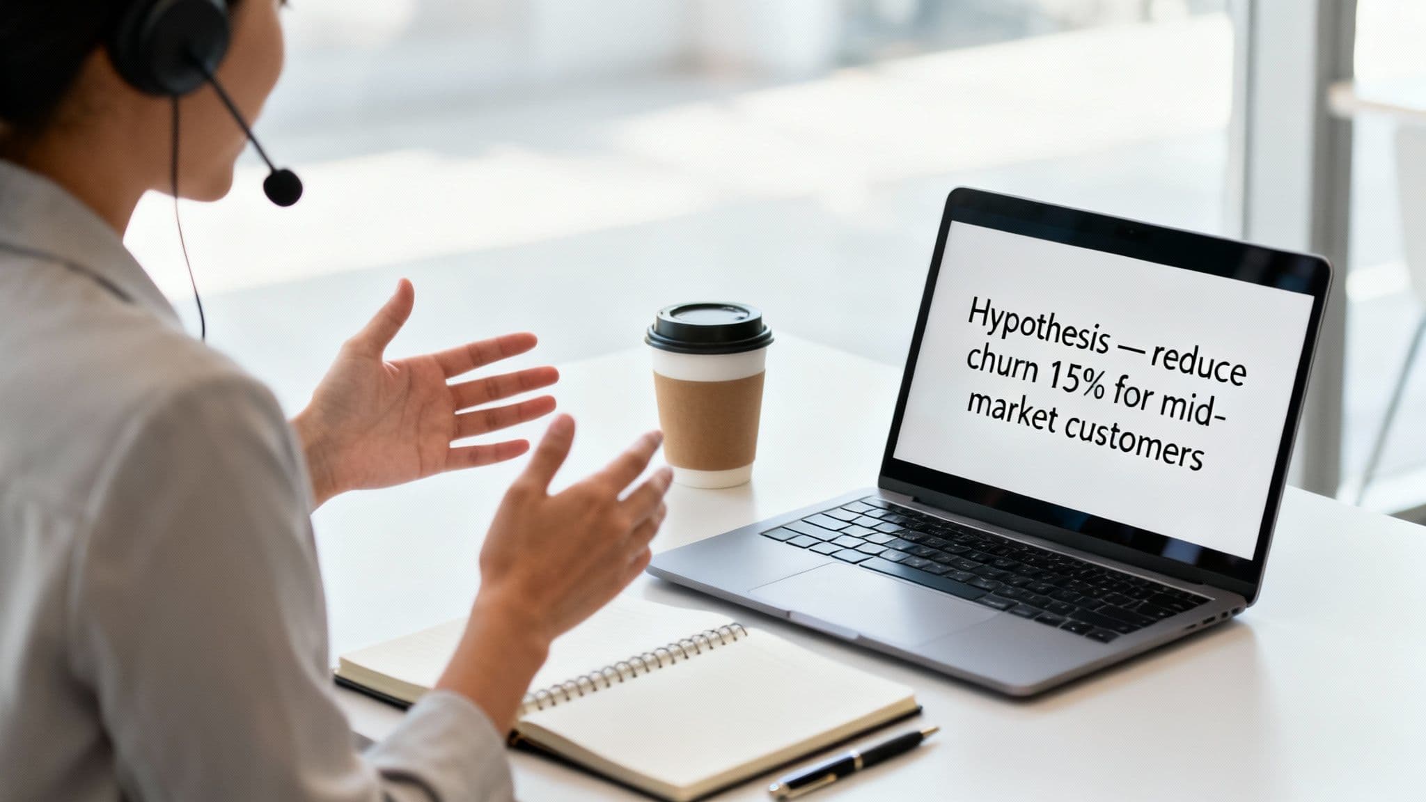 A person with a headset gestures while discussing a business hypothesis on a laptop screen about reducing customer churn.