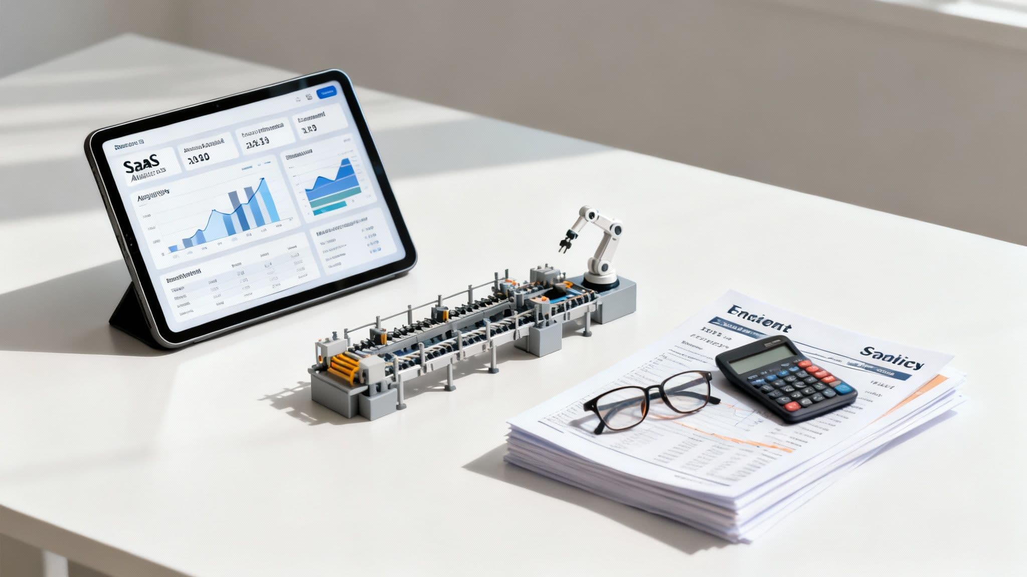 A modern workspace featuring a tablet with a SaaS dashboard, a miniature factory model, and business tools.