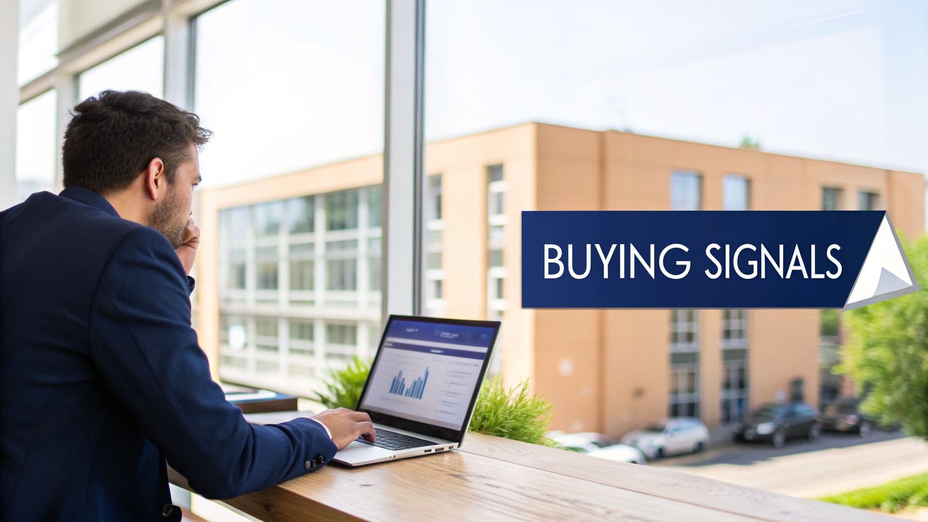 A man analyzing data on a laptop, with a 'BUYING SIGNALS' banner visible outside a window.