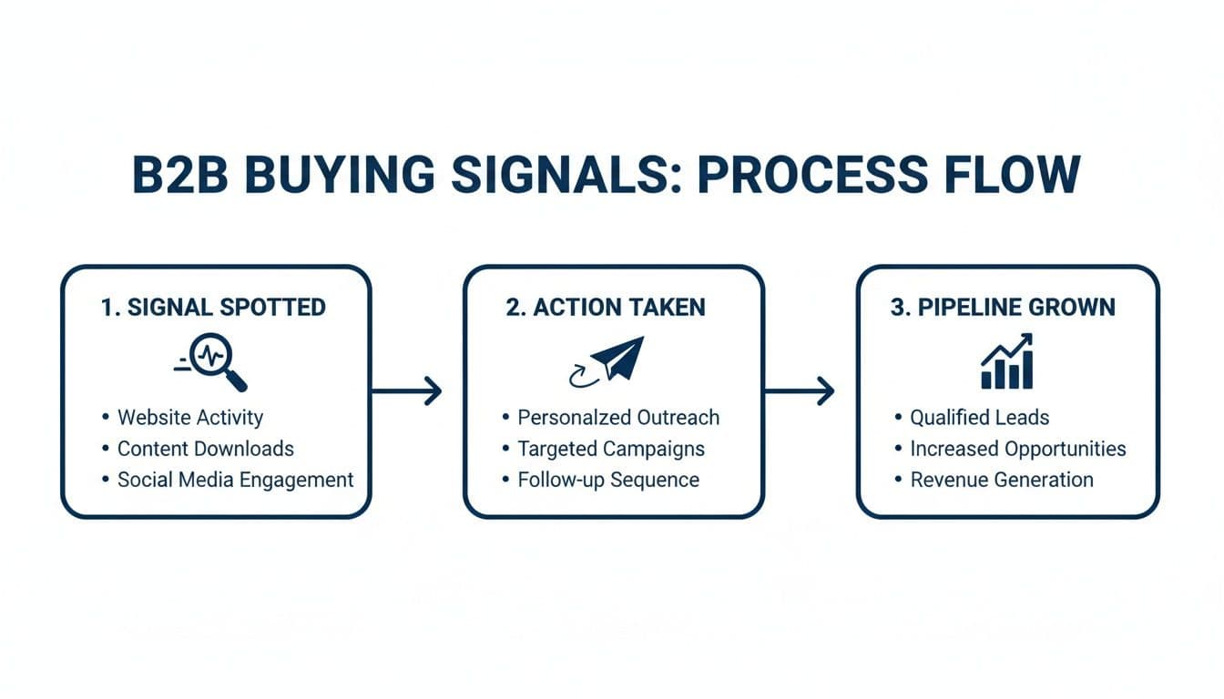 Process flow for B2B buying signals, from spotting signals to taking action and growing the pipeline.