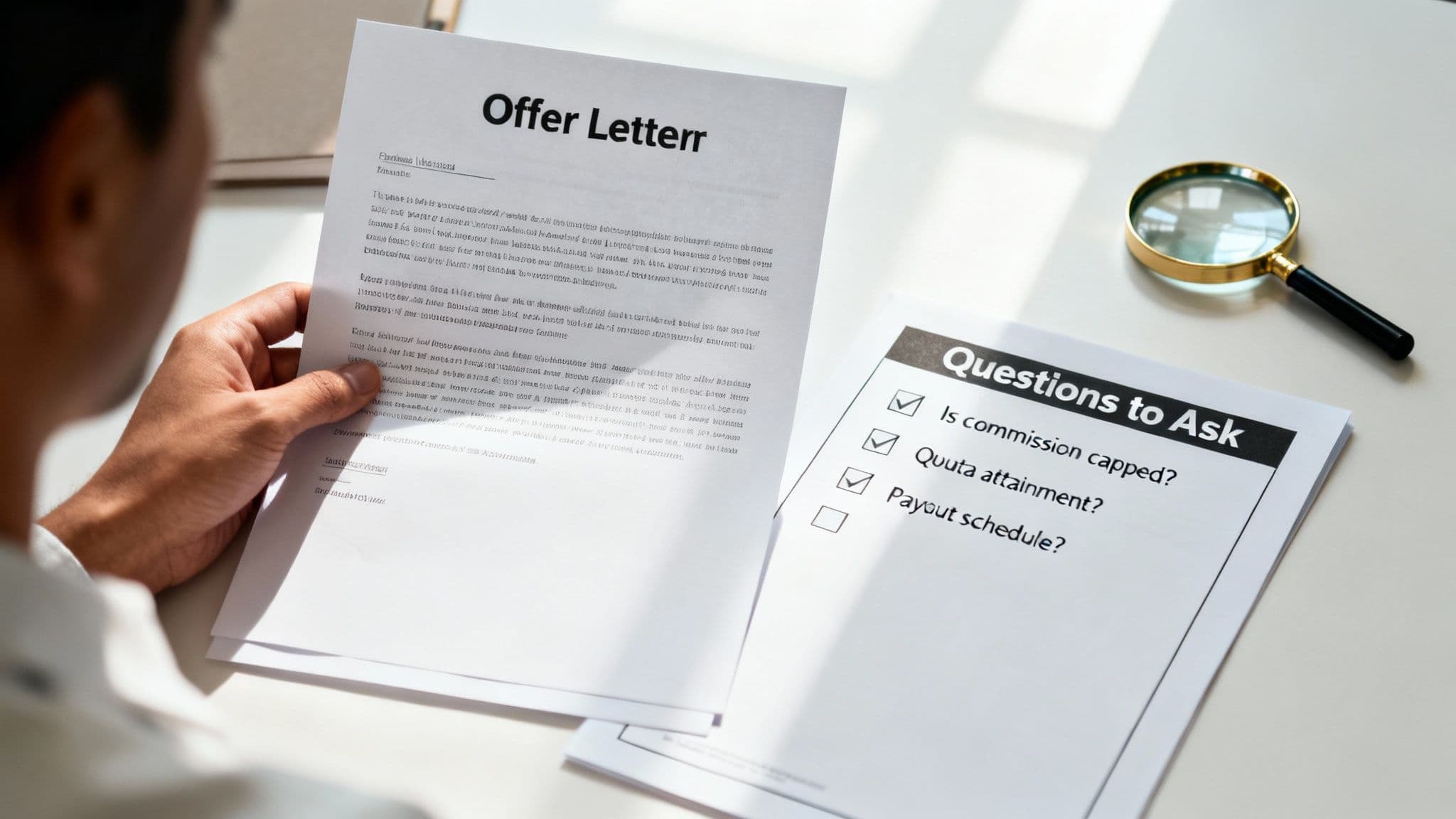 A person reviews an offer letter and a list of questions to ask about commission and payout.