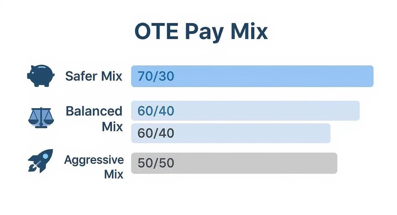 Chart showing OTE Pay Mix strategies: Safer (70/30), Balanced (60/40), and Aggressive (50/50).