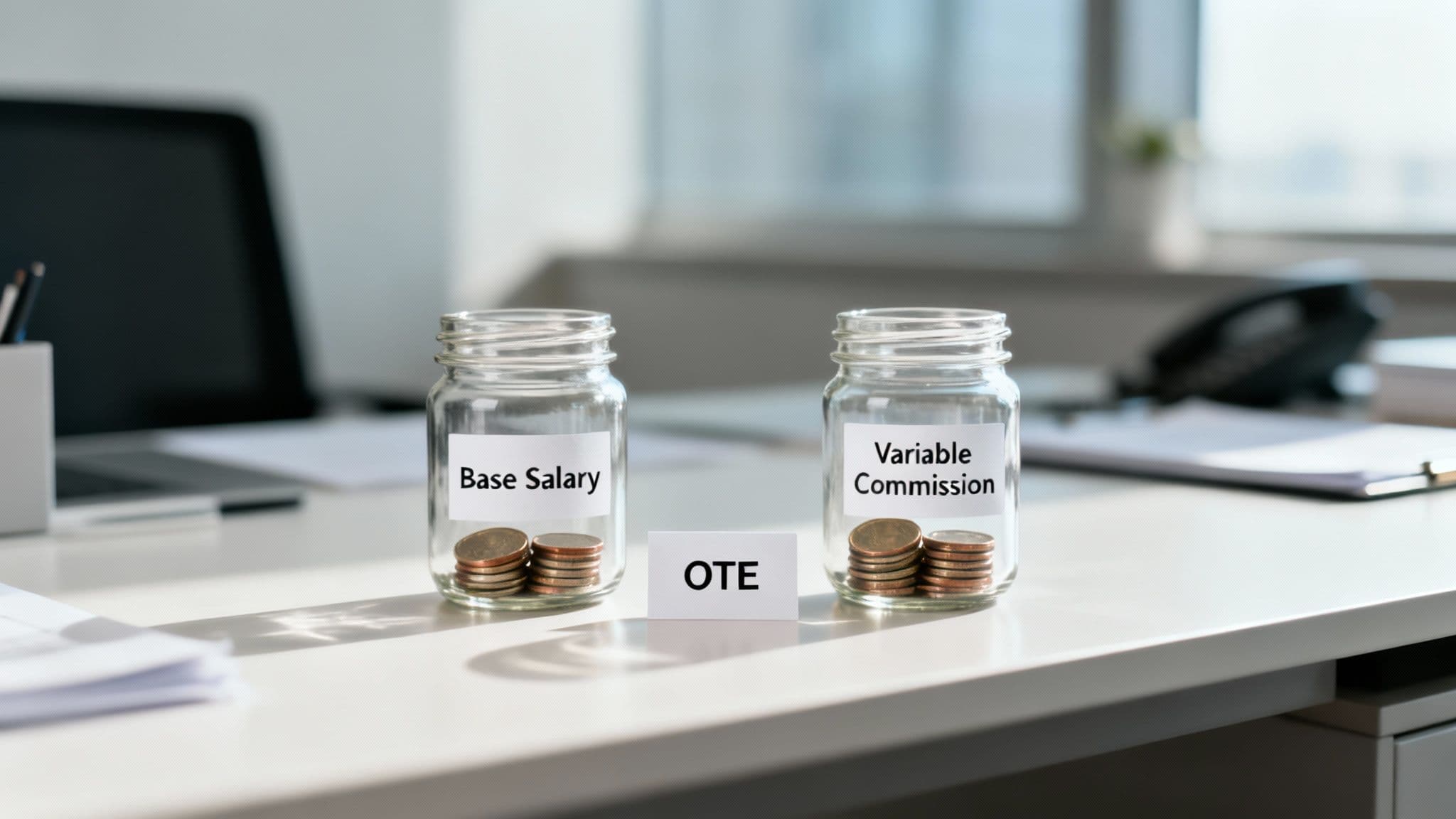 Two jars labeled 'Base Salary' and 'Variable Commission' filled with coins, with an 'OTE' card between them, symbolizing total earnings.