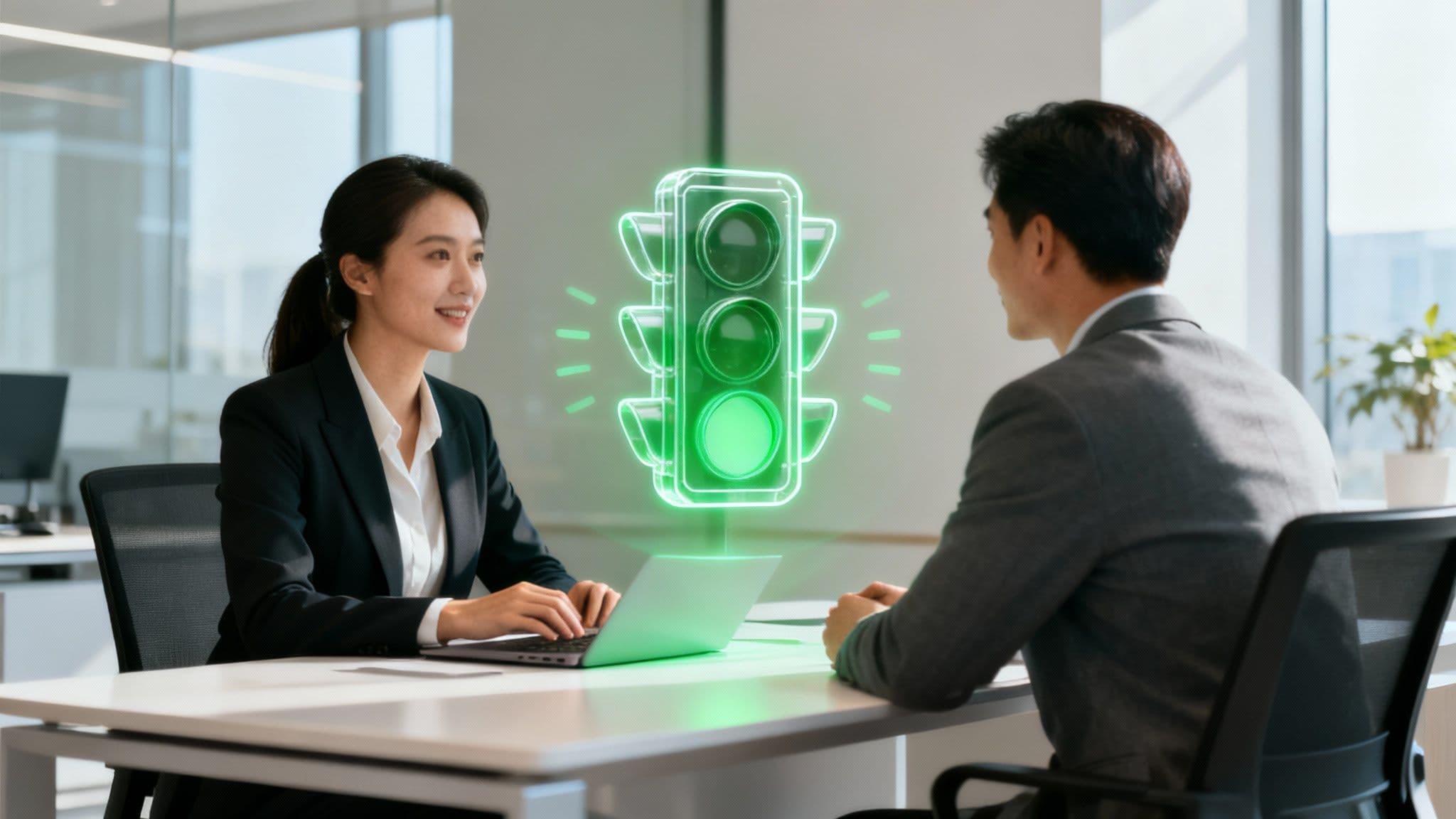A sales representative analyzing charts and graphs on a computer screen, representing buying signals.