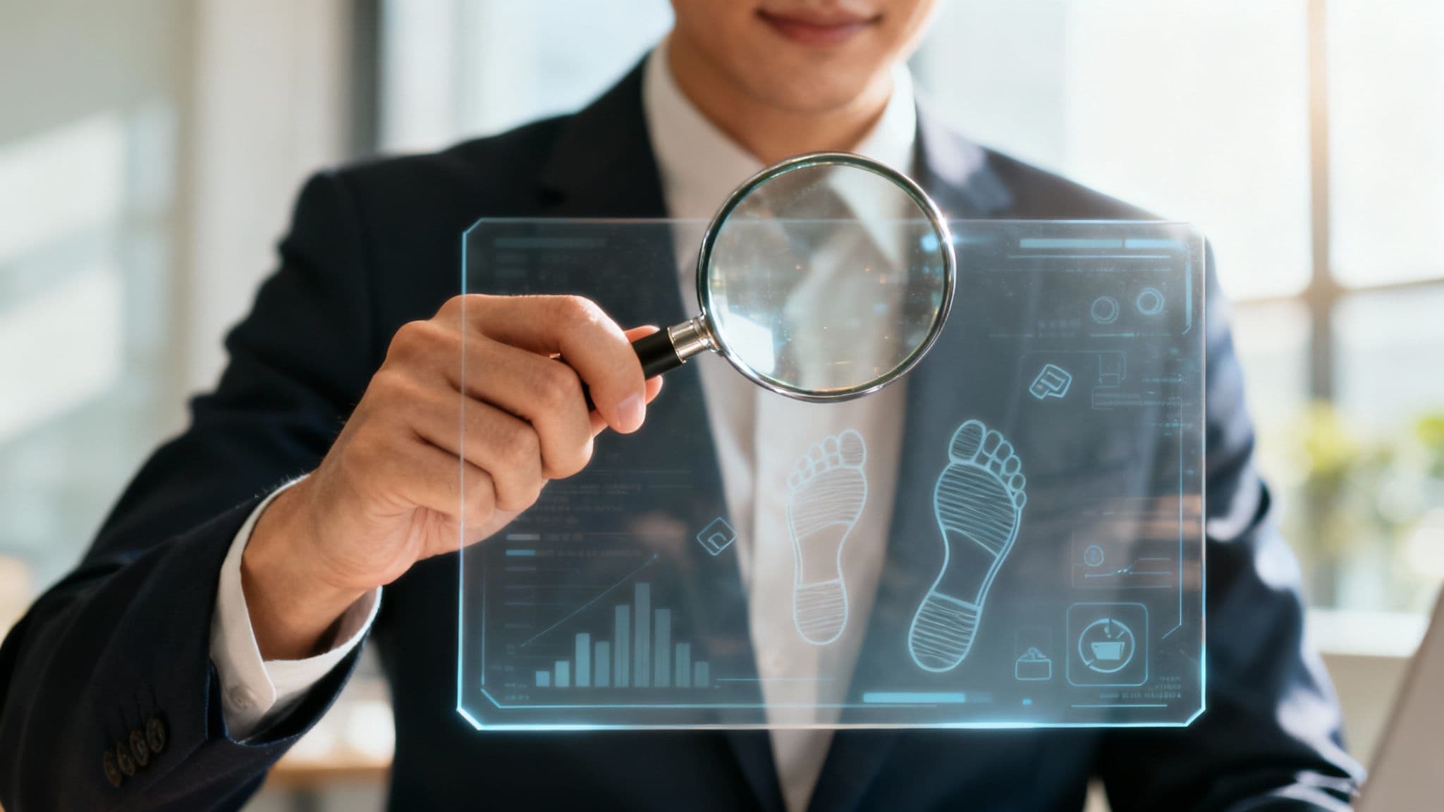 A magnifying glass hovering over various digital icons, symbolizing the search for buying signals.