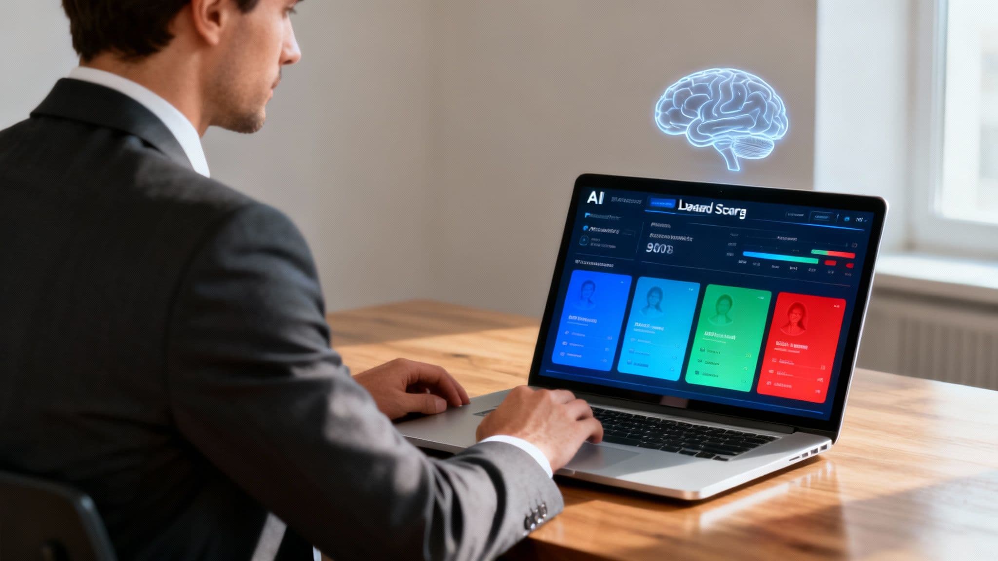 An abstract image showing data points connecting to a central AI brain, symbolizing technology aggregating sales signals.
