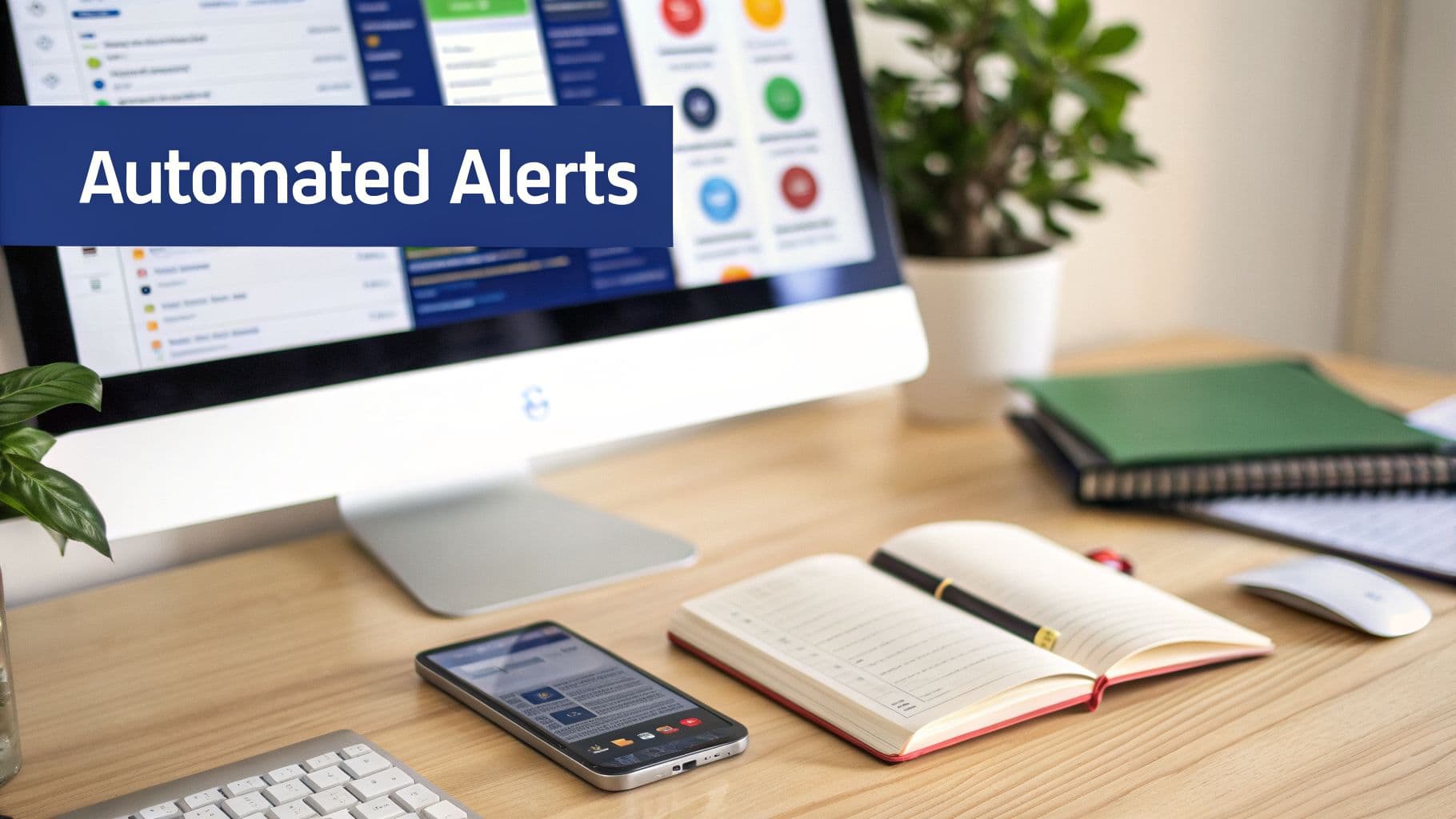 Office desk with a computer monitor showing 'Automated Alerts', a smartphone, and an open planner.