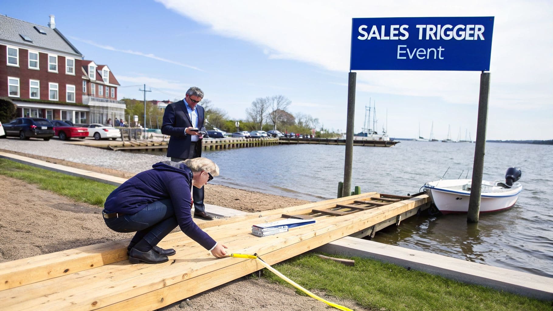 A woman measures a wooden dock with a tape measure while a man looks at his phone, with a "SALES TRIGGER Event" sign nearby.