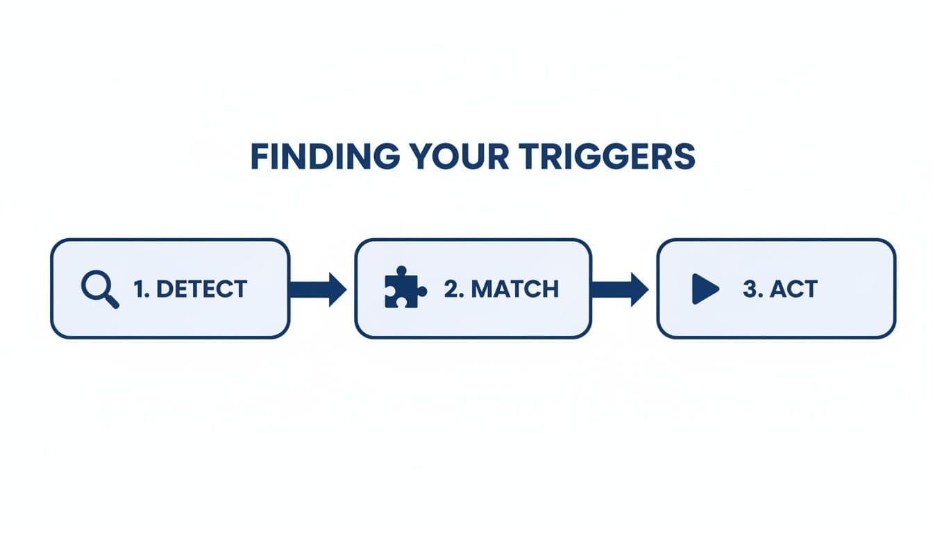 Flowchart illustrating three steps to finding your triggers: 1. Detect, 2. Match, and 3. Act.