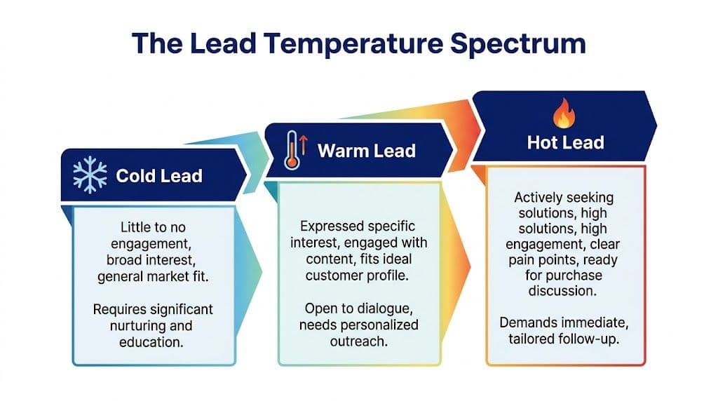 A diagram illustrating the lead temperature spectrum with cold, warm, and hot leads for marketing strategies.