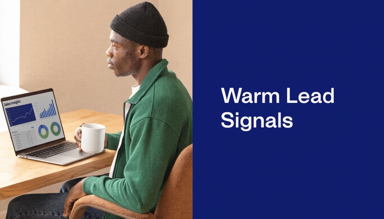 A young man sitting at a desk looking at sales data on his laptop screen while drinking coffee.