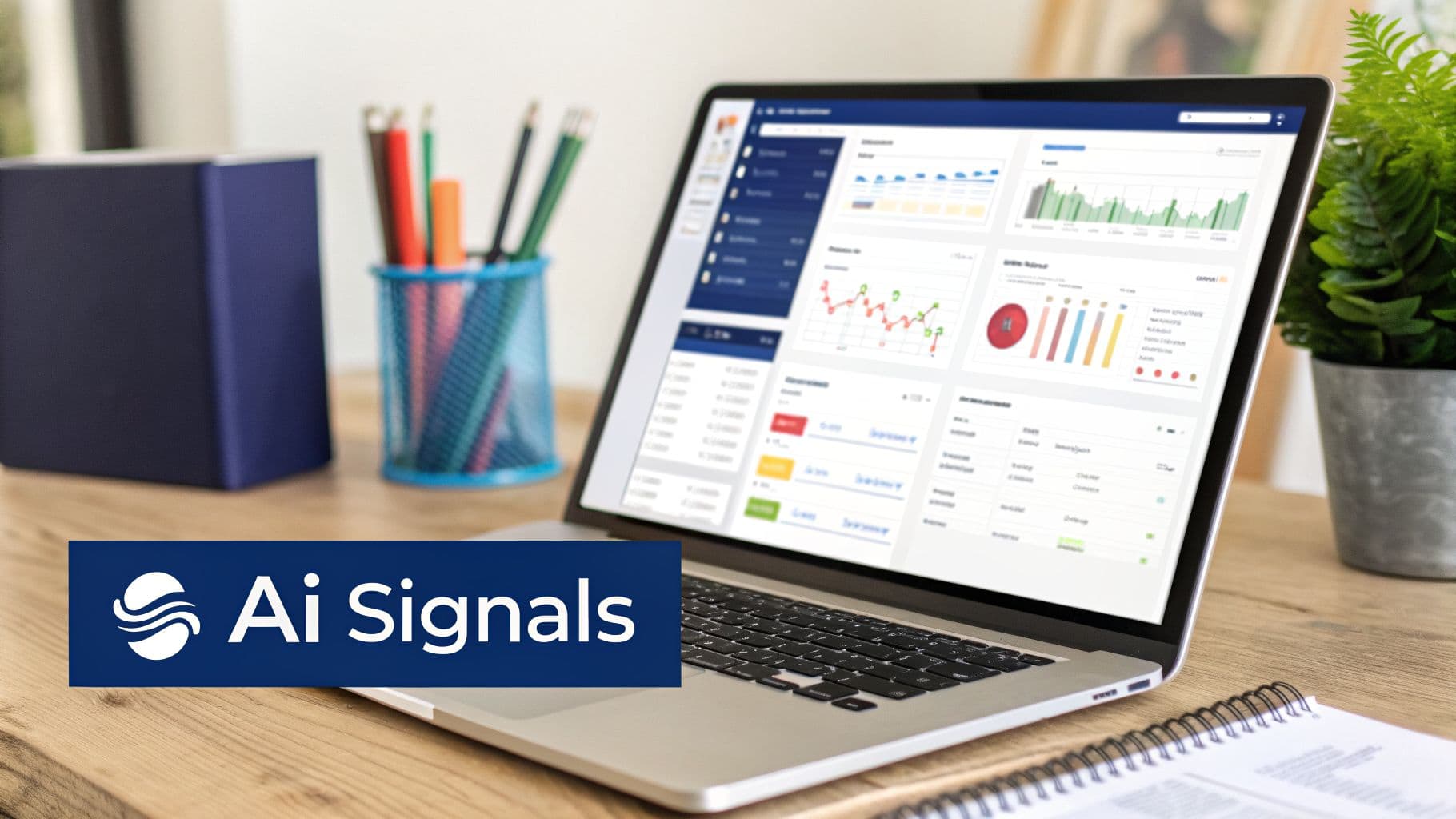 A laptop displaying a data dashboard with charts and graphs on a wooden desk.