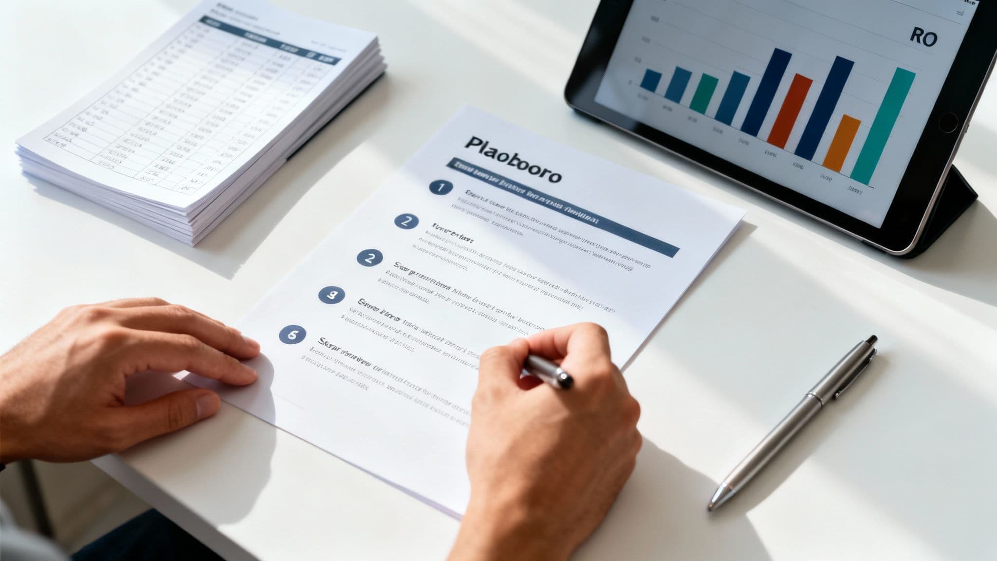 A person's hands writing on a business document with a pen, next to a tablet showing charts.
